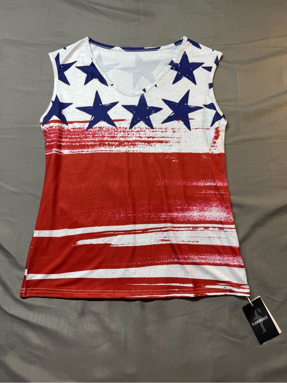 USA Flag Flamingals Womens Sleeveless Tank Top - Red, White & Blue